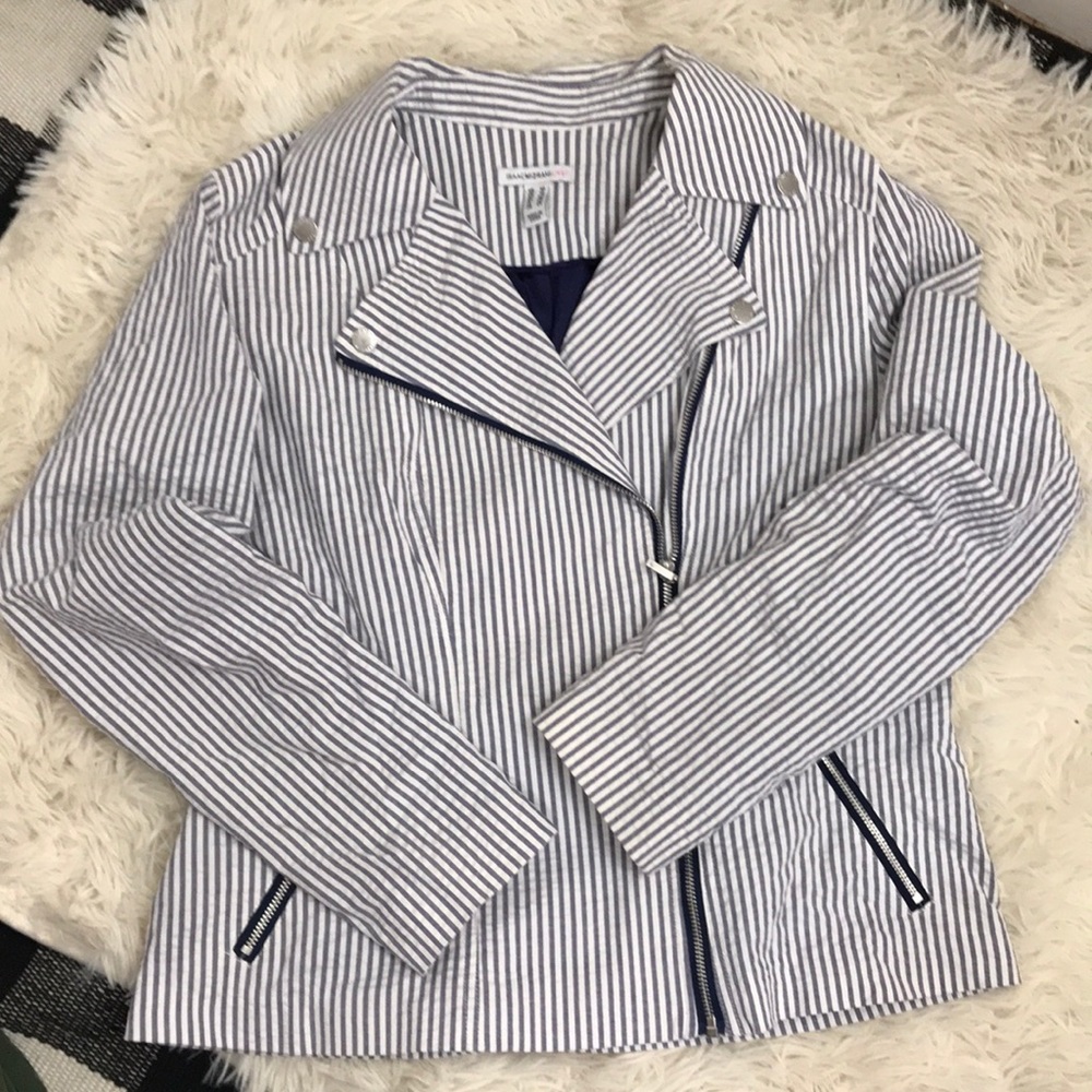 Isaac Mizrahi Live! Striped Seersucker Moto Jacket size 10